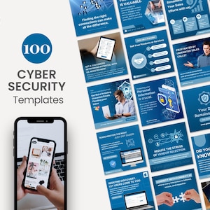 Può includere: Una raccolta di 100 modelli di sicurezza informatica in tonalità blu e bianco. L'immagine include uno smartphone che mostra un sito web e vari grafici quadrati con testo come "I tuoi dati rimangono tuoi" e "Riduci lo stress della selezione dei fornitori."