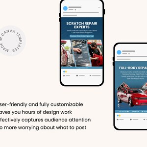 Pu&ograve; includere: Grafica digitale con due mockup di smartphone. Uno mostra "SCRATCH REPAIR EXPERTS" con immagini di riparazioni auto. L'altro mostra "FULL-BODY REPAINT" con un'auto rossa. L'immagine include anche informazioni sui modelli Canva.