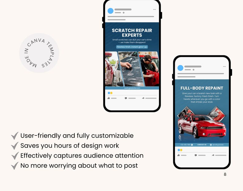 Pu&ograve; includere: Grafica digitale con due mockup di smartphone. Uno mostra "SCRATCH REPAIR EXPERTS" con immagini di riparazioni auto. L'altro mostra "FULL-BODY REPAINT" con un'auto rossa. L'immagine include anche informazioni sui modelli Canva.
