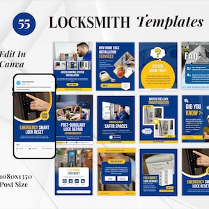 以下が含まれることがあります： 青と黄色の配色でデザインされた、55個の鍵屋テンプレートのコレクション。テンプレートには、鍵の修理、スマートロックのリセット、設置サービスなどの画像が含まれています。「Edit in Canva」と「1080x1350 Post Size」のテキストが含まれています。