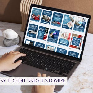Pu&ograve; includere: Un laptop che mostra infografiche blu e bianche sulla verniciatura e riparazione di auto. Il laptop &egrave; aperto su una superficie di marmo bianco. Il testo "EASY TO EDIT AND CUSTOMIZE" &egrave; in basso nell'immagine.