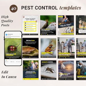 Może przedstawiać: Obraz promocyjny prezentujący 40 szablonów kontroli szkodników. Szablony zawierają różne tematy kontroli szkodników, w tym termity, mrówki i komary. Obraz zawiera makieta smartfona i tekst "Edit in Canva."