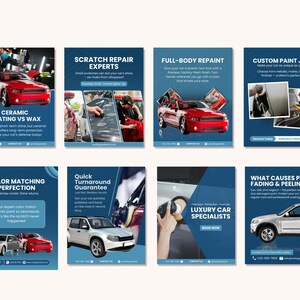 Pu&ograve; includere: Una collezione di otto poster blu promozionali per servizi di detailing auto. I poster presentano immagini di auto, processi di detailing e testo come "Rivestimento ceramico vs cera", "Esperti in riparazione graffi" e "Riverniciatura completa".