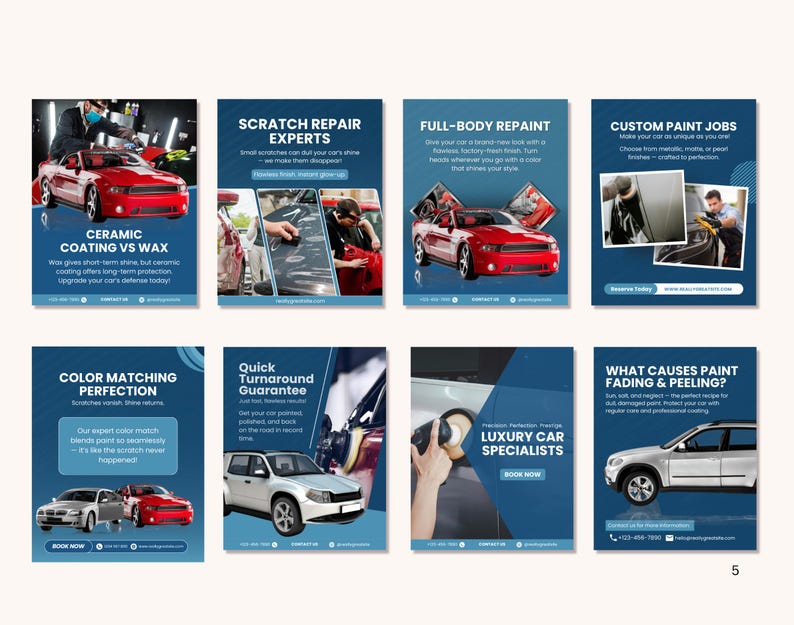 Pu&ograve; includere: Una collezione di otto poster blu promozionali per servizi di detailing auto. I poster presentano immagini di auto, processi di detailing e testo come "Rivestimento ceramico vs cera", "Esperti in riparazione graffi" e "Riverniciatura completa".
