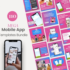 Op de afbeelding: Een bundel van 110 Mega Mobile App Templates, gepresenteerd in een roze en wit ontwerp. De afbeelding toont verschillende smartphone-mockups met app-interfaces, en het Canva-logo. Tekst bevat "MEGA Mobile App Templates Bundle".