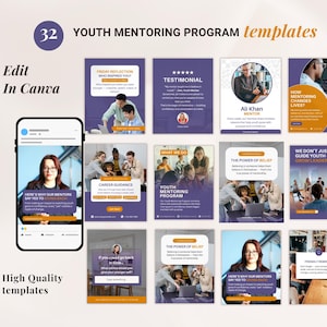 Op de afbeelding: Een digitale afbeelding met 32 sjablonen voor jeugdmentorprogramma's. De sjablonen zijn in paarse en oranje tinten, met tekst en afbeeldingen. De woorden "Youth Mentoring Program" en "Edit in Canva" zijn zichtbaar.