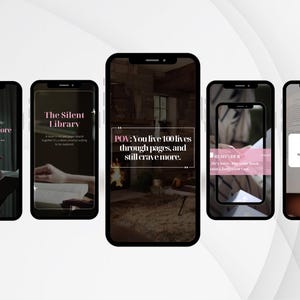 May include: A series of five smartphones displaying text and images related to reading. The first phone reads "Just One More Chapter...", the second "The Silent Library", and the third "POV: You live 100 lives through pages, and still crave more."