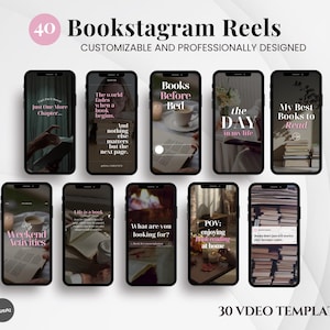 Puede incluir: Diez teléfonos inteligentes que muestran plantillas personalizables de Reels de Bookstagram. Las plantillas presentan superposiciones de texto con citas y frases relacionadas con la lectura, como "Just One More Chapter" y "My Best Books to Read."