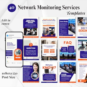 May include: A digital marketing template set for network monitoring services. The design features a smartphone mockup, infographics, and the text "40 Network Monitoring Services Templates". The color scheme includes blue, orange, and white.
