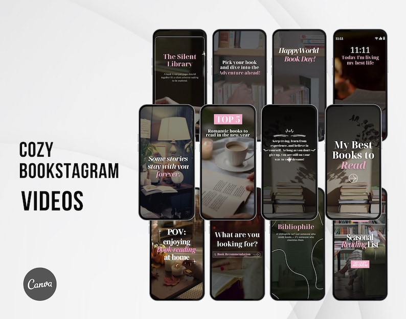Aesthetic Cozy Bookstagram Reels for Authors, Book Lovers, Influencer, Content Creators, Canva Instagram Book marketing video reel templates