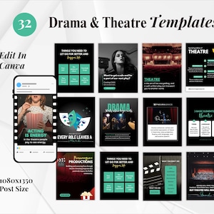 May include: A graphic advertising "Drama & Theatre Templates", featuring the number "32" in a circle. The image displays several social media post templates with theatre themes, incorporating images and text for promotional use.