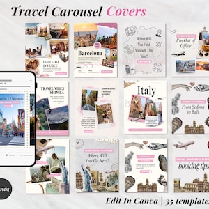 May include: A collection of travel-themed social media templates with a pink and white color scheme. The templates feature travel photos, text overlays, and graphics. The image includes a phone displaying a Tokyo travel post and text that says "Edit In Canva | 35 templates."