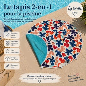 Può includere: Un tappetino da piscina 2-in-1 circolare con un diametro di circa 44 cm. Il tappetino presenta un motivo floreale colorato in rosso, blu navy e pesca su un lato e un tessuto verde acqua solido sull'altro. Include una coulisse bianca.