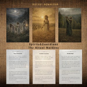 Może przedstawiać: Trzy cyfrowe wydruki artystyczne zatytułowane Spirits & Guardians The Ritual Maidens, przedstawiające eteryczne postacie w scenerii przyrody. Pod każdym obrazem znajduje się blok tekstu opisujący Flower-Crowned Ones, The Wheat-Crowned One oraz The Rain Bringer.