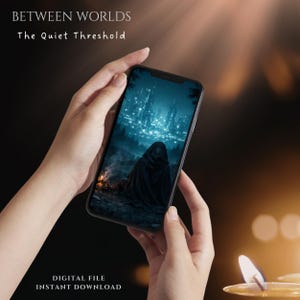May include: A smartphone displays a digital art image with a hooded figure in a dark cloak, set against a futuristic cityscape. The text "BETWEEN WORLDS" and "The Quiet Threshold" is at the top. The bottom reads "DIGITAL FILE" and "INSTANT DOWNLOAD".
