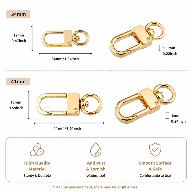 May include: Gold-colored metal lobster claw clasps in two sizes. The smaller clasps measure 34mm by 12mm, and the larger ones measure 41mm by 15mm. Each clasp features a swivel ring and a spring-loaded gate mechanism for secure attachment.