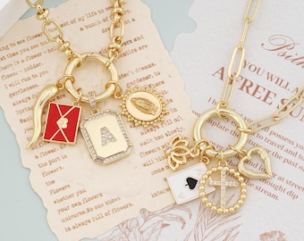 Custom Gold Charm Necklace:Build Your Story,Carabiner Necklace,Personalized Vintage Multi-Layer Necklace,Everlasting Gift for Her