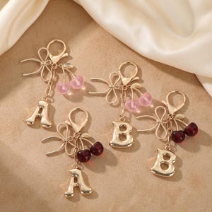 Coquette Glitter Cherry Keychain • Custom Initial Letter Bag Charm • Cute Balletcore Ribbon Bow Fruit Keyring Gift for Girls