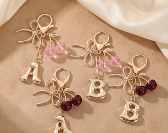 Coquette Glitter Cherry Keychain • Custom Initial Letter Bag Charm • Cute Balletcore Ribbon Bow Fruit Keyring Gift for Girls