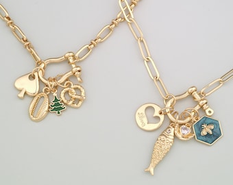 Custom Gold Charm Necklace:Build Your Story,Carabiner Necklace,Personalized Vintage Multi-Layer Necklace,Everlasting Gift for Her