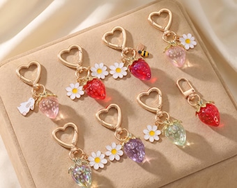 Aesthetic Jelly Strawberry & Daisy Flower Keychain • Cute Heart Clasp Bag Charm • Cottagecore Fruit Keyring Gift for Her