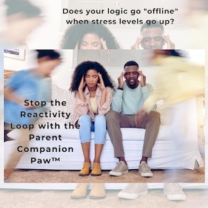 以下が含まれることがあります： 「ストレスレベルが上がると、あなたの論理は「オフライン」になりますか？ Parent Companion Paw™で反応ループを停止します。」というテキストを含む画像。画像には、それぞれが頭に手を置いている2人がソファに座っている様子が写っています。