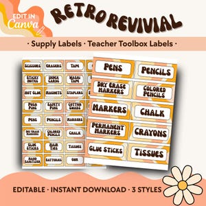 Editable Labels for Teacher Toolbox, Supply Labels for the Classroom Organization, Retro Revival Themed Classroom, Back to School Templates