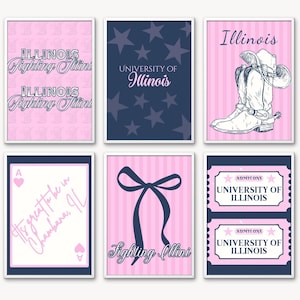 May include: Six framed prints with white borders. The prints feature designs in pink and navy blue, including text that reads "ILLINOIS Fighting Illini" and "UNIVERSITY OF Illinois". Other prints show a cowboy boot, a playing card, a bow, and tickets.