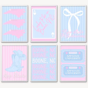 May include: Six framed art prints with a light blue and pink color scheme. The prints feature various designs, including a map of North Carolina, playing cards, a bow, a cowboy boot, the text "Boone, NC", and App State University tickets.