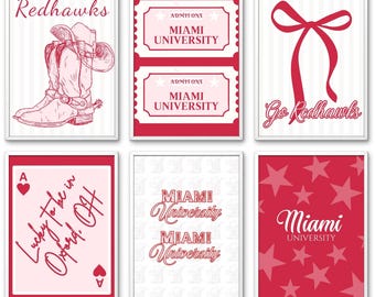 Muurkunstset slaapzaal | Afdrukbaar studentenkamerdecor | Universiteit van Miami | Rode en witte digitale prints