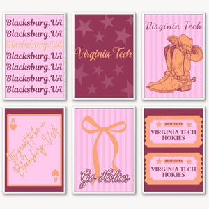May include: Six framed prints with a pink and maroon color scheme. The prints feature text that says "Blacksburg, VA", "Virginia Tech", "Go Hokies", and "Virginia Tech Hokies". One print has a drawing of a cowboy boot.