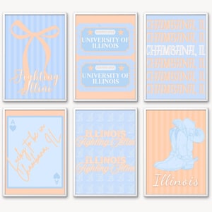 University of Illinois Digital Prints | Blue and Orange Printable Wall Art Set of 6 | Instant Download Decor for Dorm or Apartment