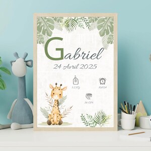 Personalized jungle baby giraffe name poster in A4 or A3 size to print, for a unique and personalized souvenir or gift.