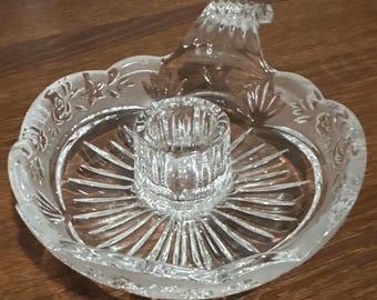 Vintage Pressed Glass Chamberstick Candle Holder - Clear Glass with Sunburst Base & Floral Rim