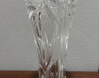 Vintage Cut Glass Bud Vase | Starburst & Floral Etched Crystal Vase | 9” Tall Elegant Clear Glass Vase