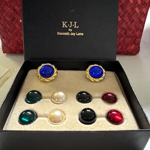 Vintage KJL Kenneth Jay Lane Clip-On Earrings Set - Cabochons & Original Box