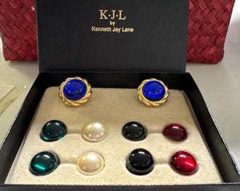 Vintage KJL Kenneth Jay Lane Clip-On Earrings Set - Cabochons & Original Box