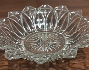 Vintage Pressed Glass Bowl - Clear Sunburst Base with Petal Rim | Late 20th Century
