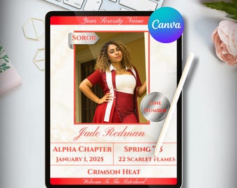 Pode incluir: Um tablet digital exibe um anúncio de irmandade. O design apresenta uma foto de uma mulher em um traje vermelho e branco, com texto incluindo "Your Sorority Name", "SOROR", "Jade Redman" e "Crimson Heat". Uma caneta e um teclado estão no fundo.