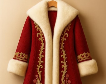 Luxury Santa Coat: Red Wool Christmas Costume with Gold Embroidery