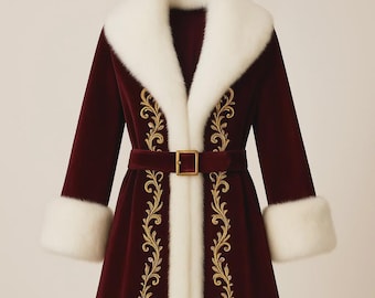 Luxury Burgundy Velvet Coat with White Fur Trim & Golden Embroidery