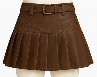 Kunstleder Falten Minirock - Hohe Taille mit Gürtel