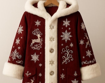 Victorian Santa Claus Coat: Red Wool Blend Christmas Robe with Faux Fur