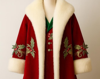 Luxury Santa Claus Coat – Red Wool Christmas Costume with Fur Trim & Embroidered Holly