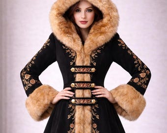 May include: A black coat with a faux fur-lined hood and cuffs. The coat features ornate gold embroidery along the sleeves, front, and hem. Gold buttons adorn the front closure. The coat's design is reminiscent of a historical or theatrical style.