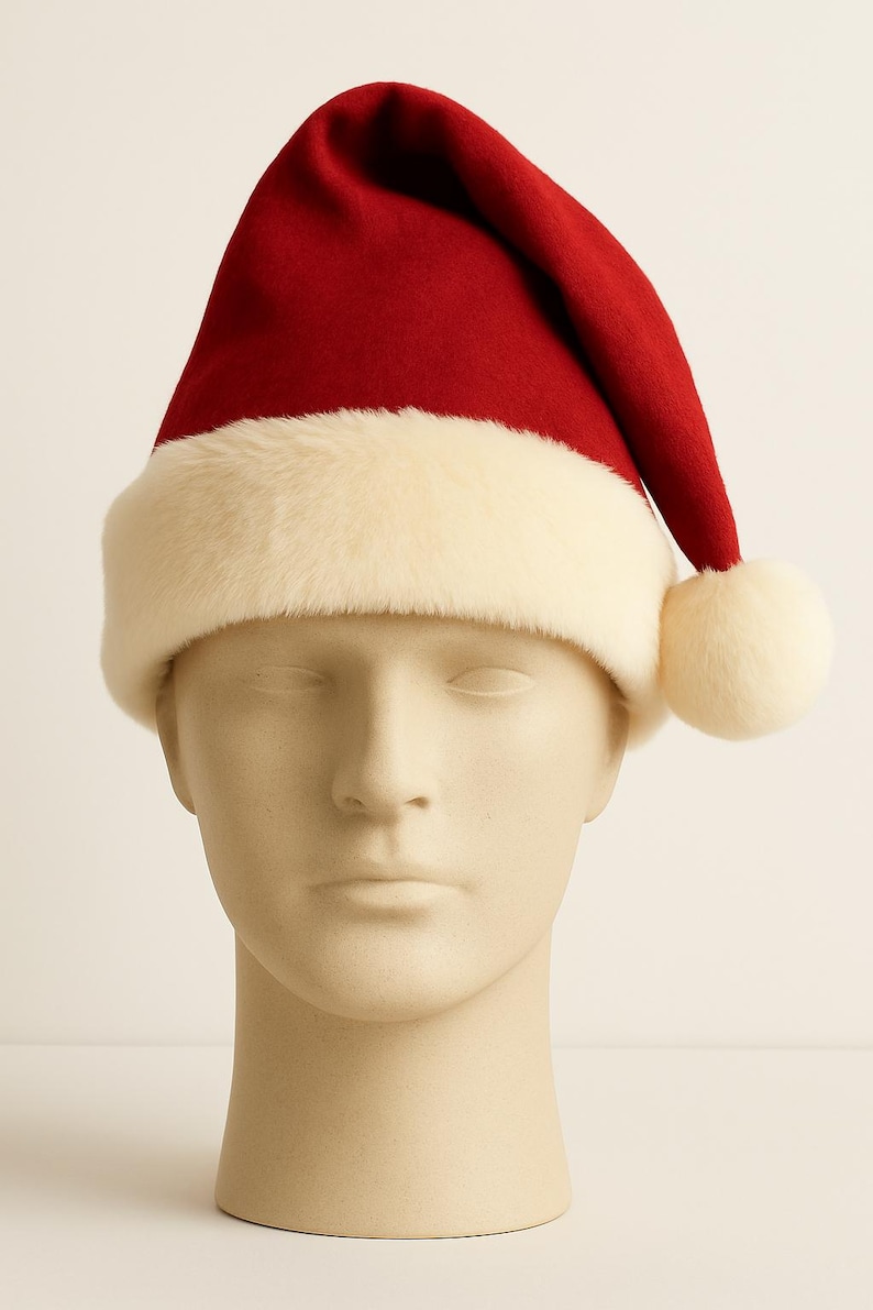 May include: A red Santa hat with a white faux fur trim and a white pom-pom. The hat is displayed on a mannequin head. The hat is a festive accessory for the holiday season.