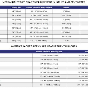 May include: A size chart for men's and women's jackets, with measurements in inches and centimeters. The chart includes sizes from XS to XXXXL, detailing chest, shoulder, and sleeve measurements for men, and bust and waist measurements for women.