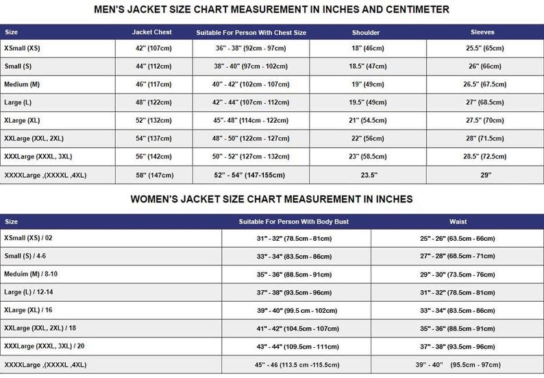 May include: A size chart for men's and women's jackets, with measurements in inches and centimeters. The chart includes sizes from XS to XXXXL, detailing chest, shoulder, and sleeve measurements for men, and bust and waist measurements for women.