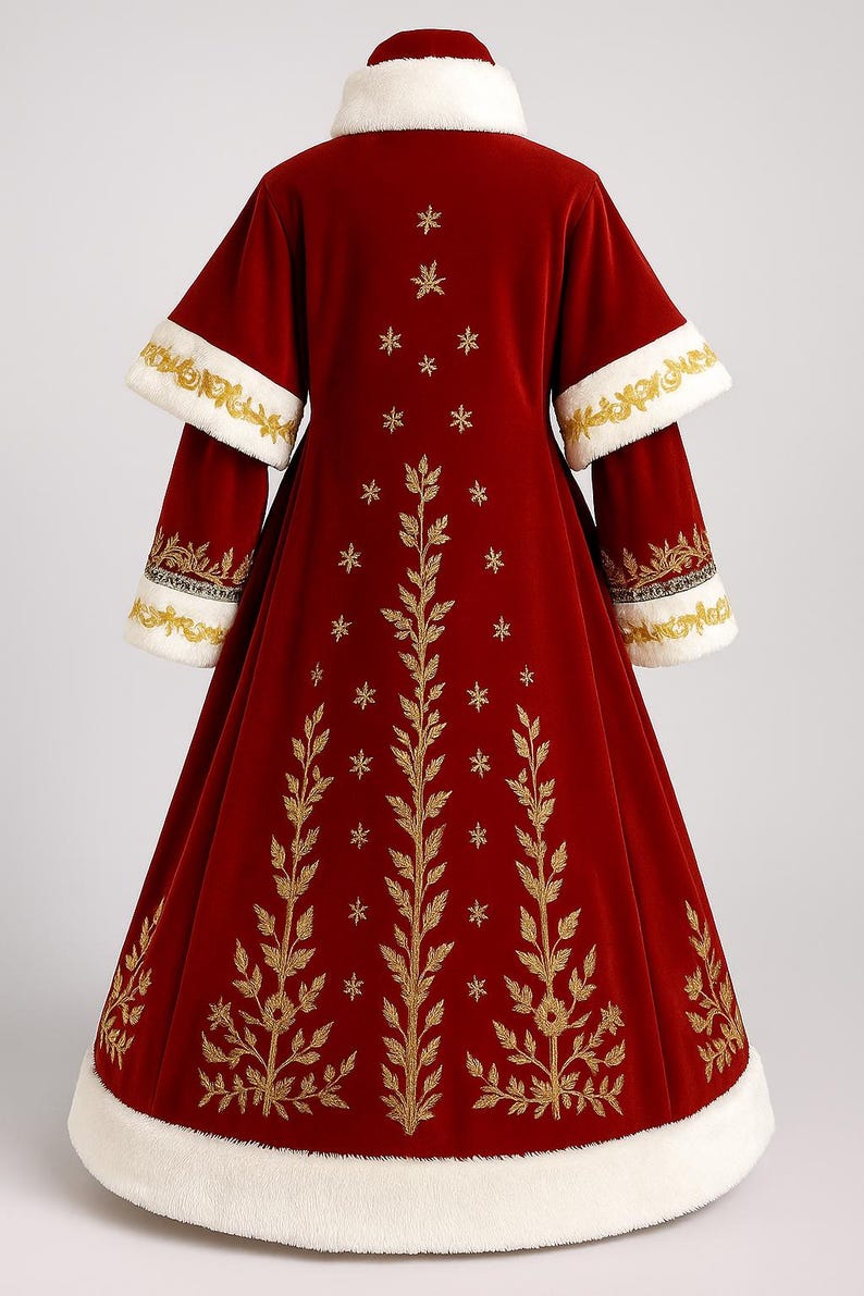 May include: A long, red velvet coat with white faux fur trim and gold embroidery. The coat features a high collar, wide sleeves, and a full skirt. Gold embroidered leaf and star patterns adorn the front and sleeves. A matching hat is also visible.