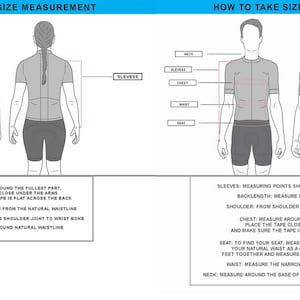 May include: Diagram illustrating how to take size measurements for clothing. The image shows front and back views of a person, with labeled areas for bust, waist, and hips. Instructions are provided below the figures.